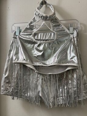 Silver Metallic Halter Crop Top & Fringe Shorts Set